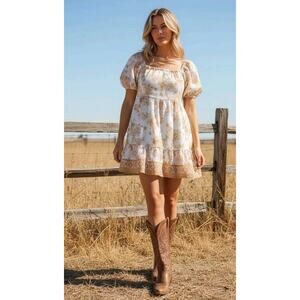 Blu Pepper Floral Cottagecore Puff Sleeve Mini Dress Cream Tan Size Large